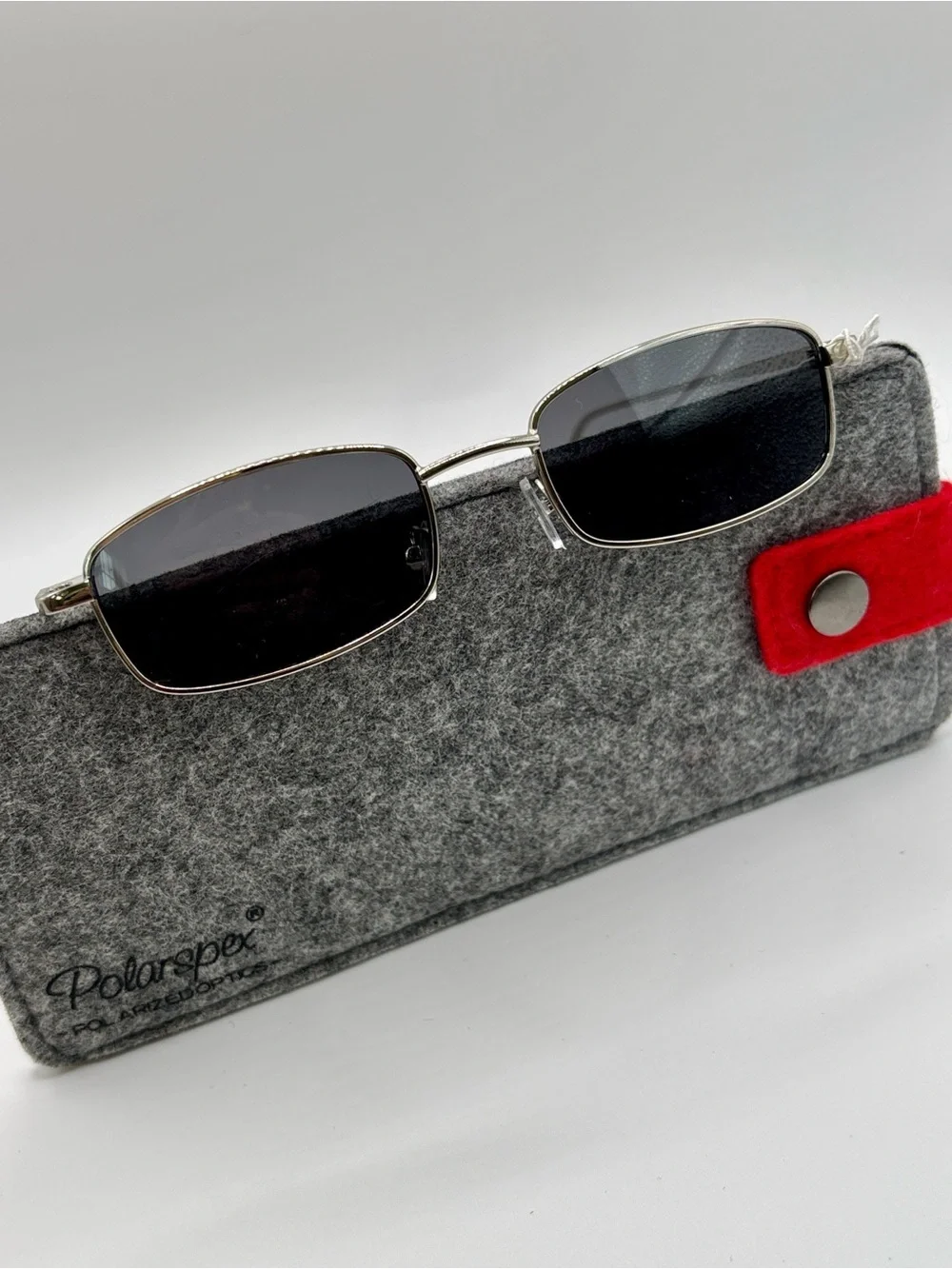 Vintage 90s Y2K Slim Rectangular Silver Metal Frame Sunglasses Dark Gray Lens